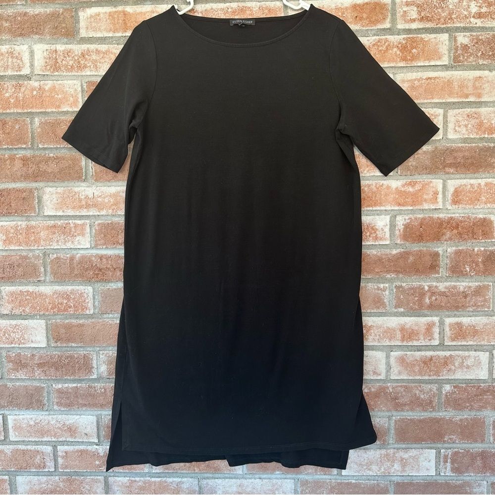 Eileen Fisher Black Jersey Knit T Shirt Dress Women’s Medium Tencel Lyocell